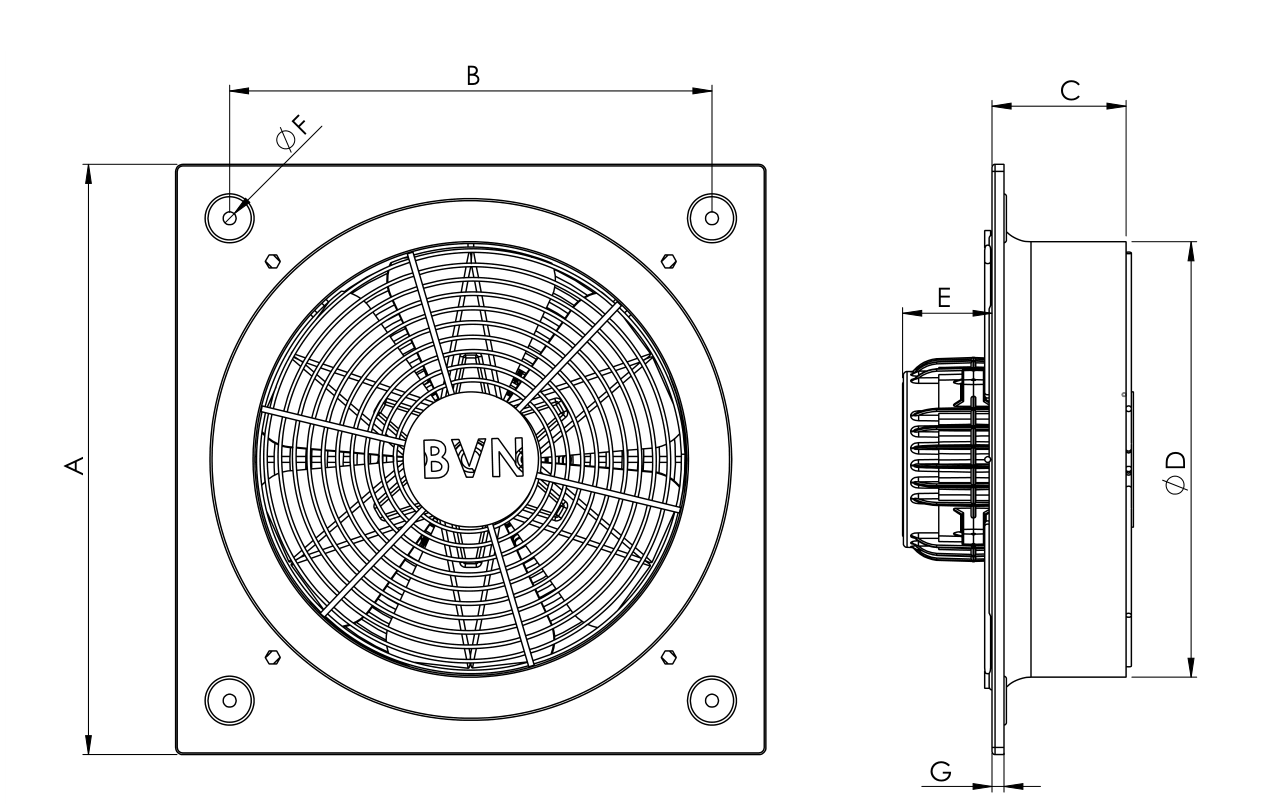 BSMS 250-2K - монтажен чертеж с размери A, B, C, D, E, F и G